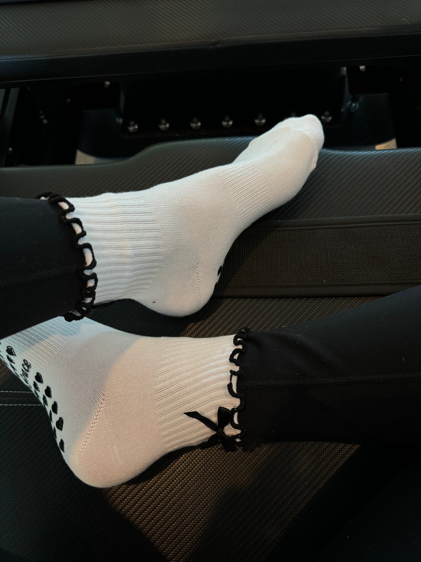 Black & White Bow Grip Sock with Heart Grips