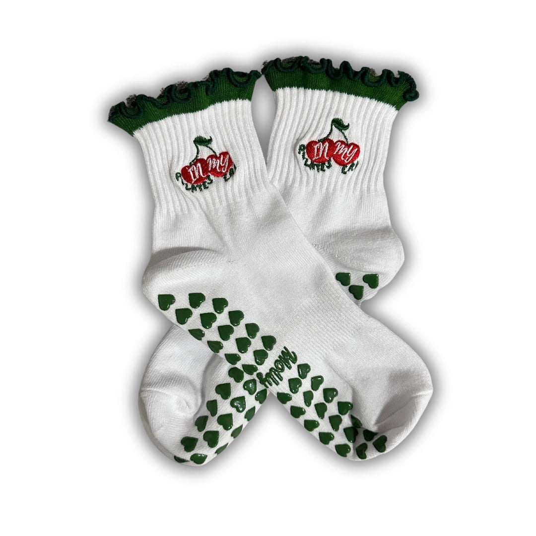 Green Ruffle Cherry Grip Sock "In My Pilates Era" Grip Sock