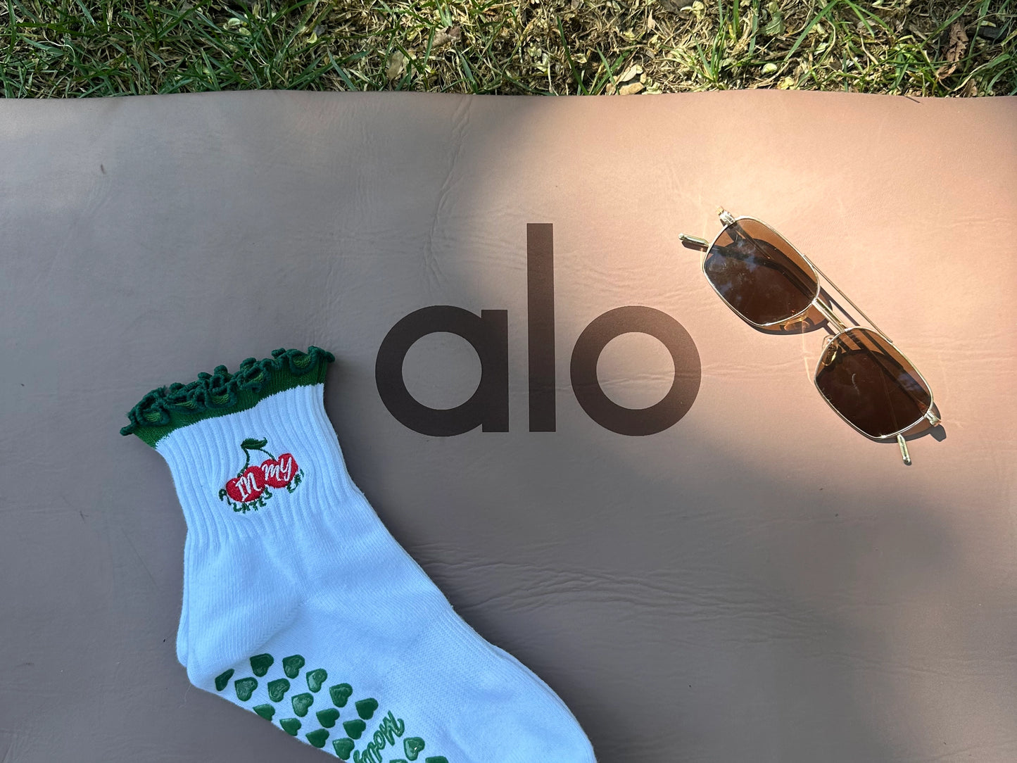 Green Ruffle Cherry Grip Sock "In My Pilates Era" Grip Sock
