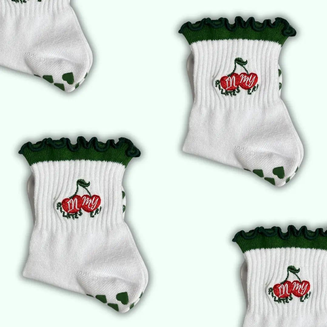 Green Ruffle Cherry Grip Sock "In My Pilates Era" Grip Sock