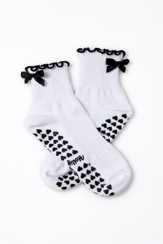 Black & White Bow Grip Sock with Heart Grips